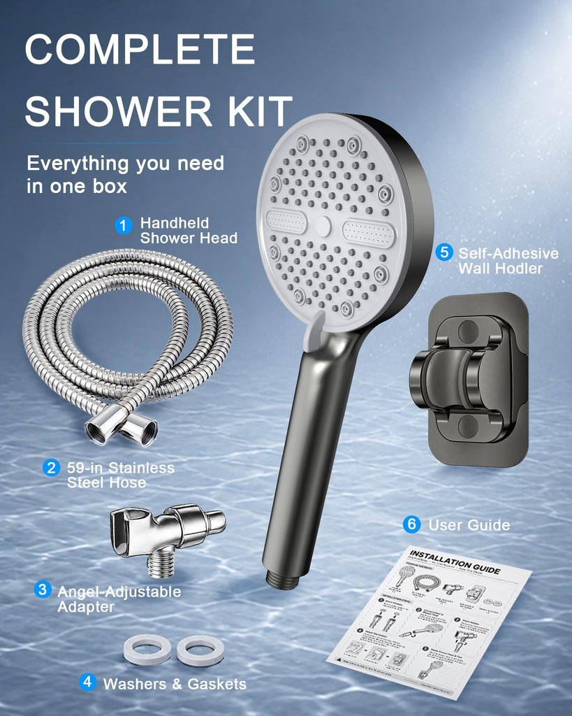 High Pressure Shower Head, Stick-on Low Mount Wall Bracket, Grey