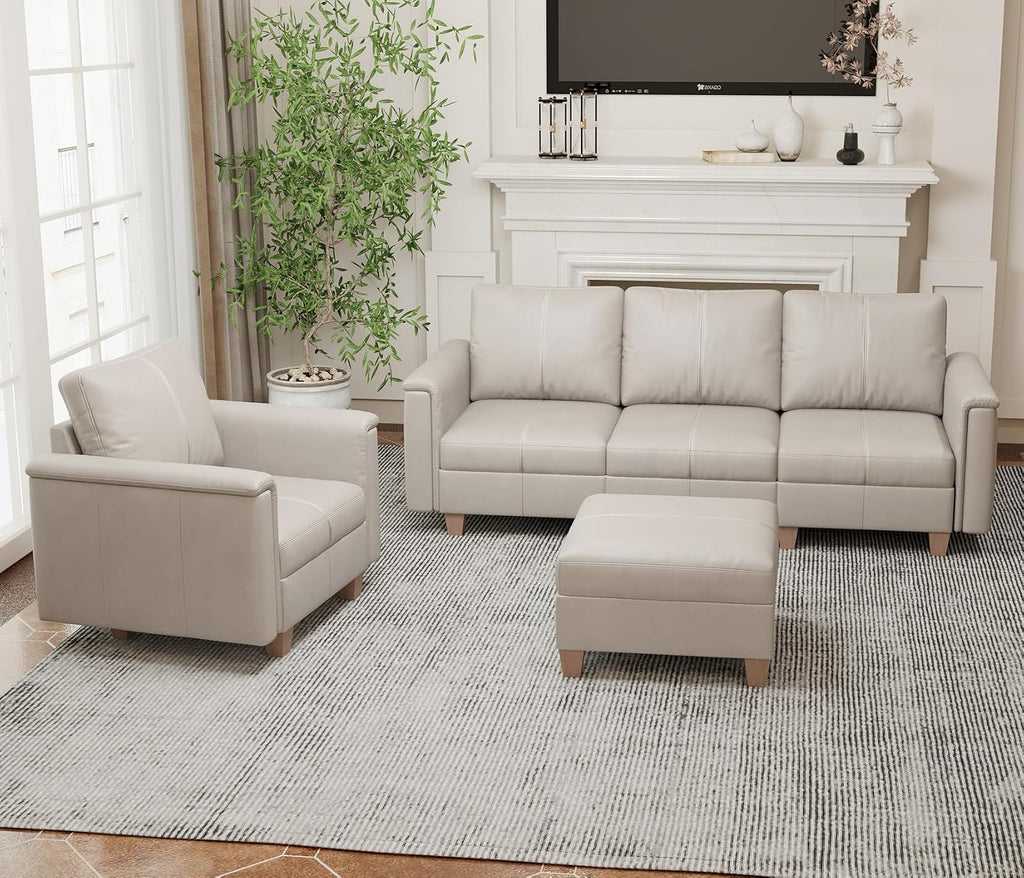 Modular Leather Accent Chair with Storage, Plush-Top Armrest, Greige