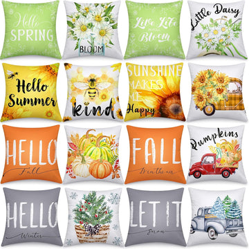 Holiday Pillow Covers 18x18 Inch Seasonal Throw Pillow Cover Fall Halloween Pillowcase Sunflower Pumpkin - Set of 16