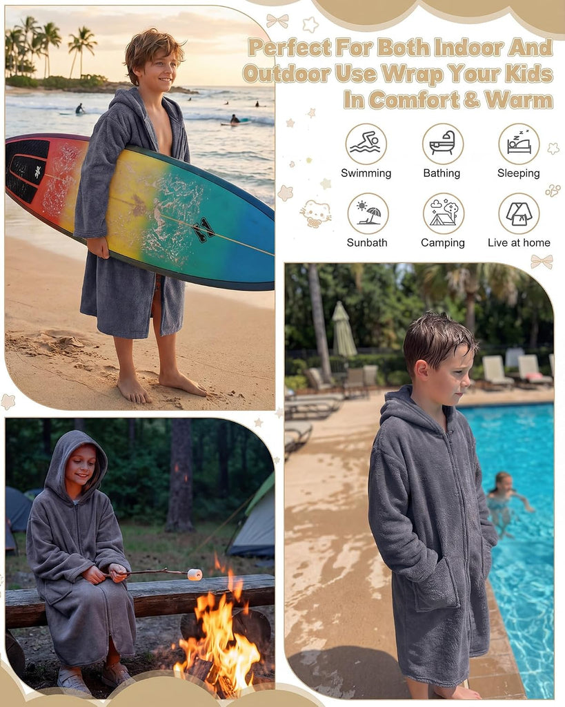 Kids Hooded Bath Towel, Soft Warm Zipper Swim Parka