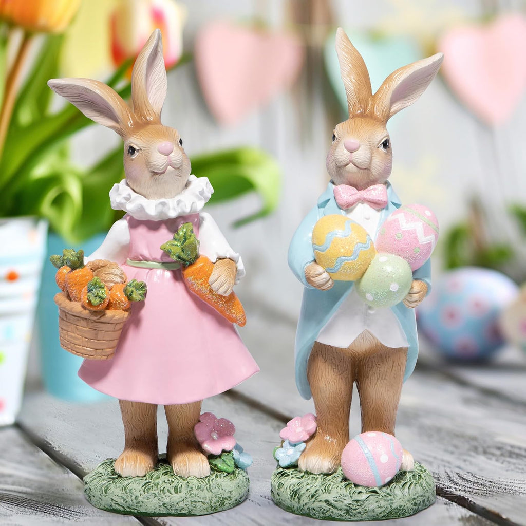 Easter Bunny Decoration Spring Rabbit Decor Gifts Handcrafted Resin Figurines Colorful and Charming Spring Decor - Set of 2