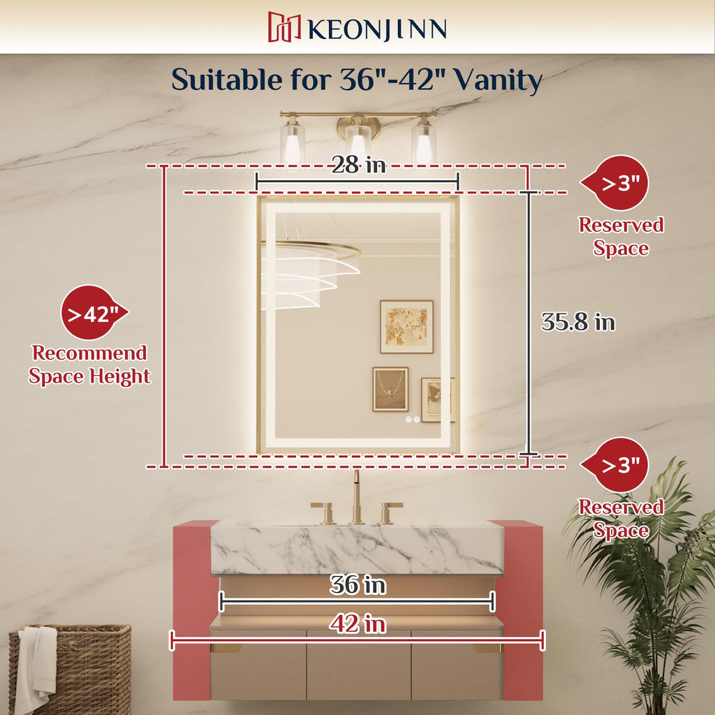 28x36 Inch Nickel LED Bathroom Mirror with Lights, Beveled Edge