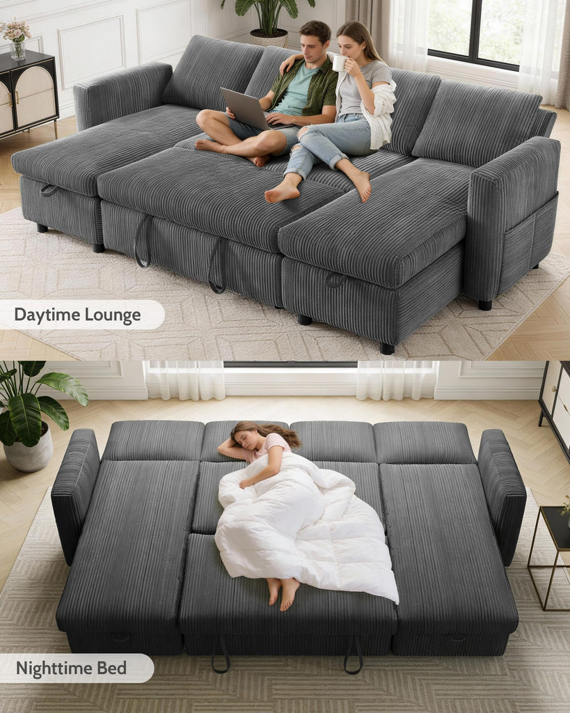 106" U Shaped Sectional Sleeper Sofa Bed with Pull Out Bed, Sectional Sleeper Couch Pull Out Couch with Reclining