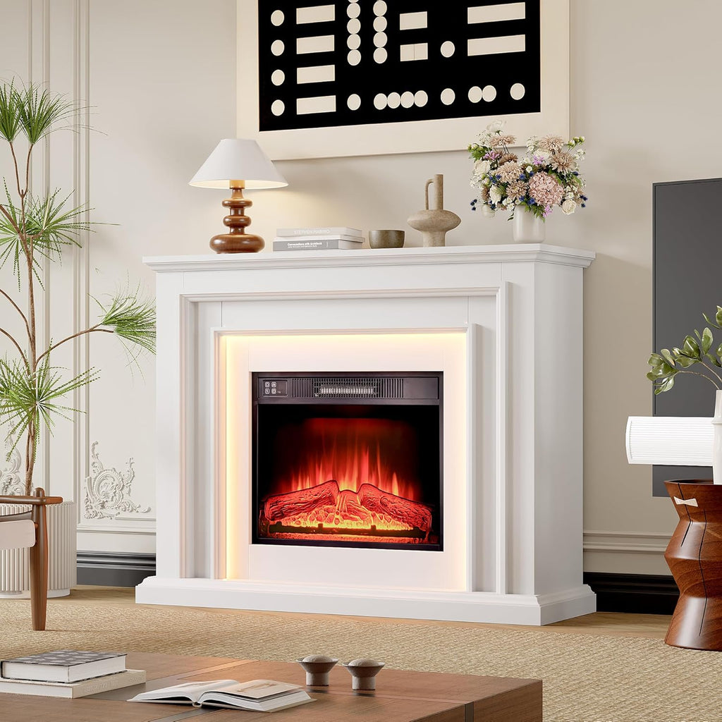 44" LED Lights Electric Fireplace with Mantel, Freestanding Entertainment Center Tv Stand with Fire Place Insert for