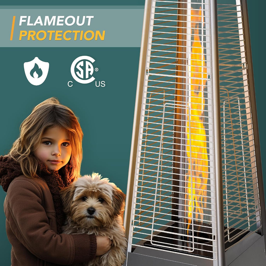 Patio Heater, 48,000 BTU Pyramid Flame Patio Outdoor Heater with Cover, Quartz Glass Tube Stainless Steel Propane