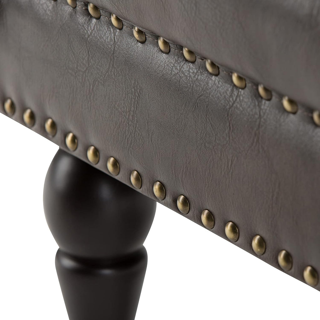Lacey 41" Wide Vegan Leather Rectangle Ottoman in Saddle Brown | Traditional tufted ottoman bench with nail head trim