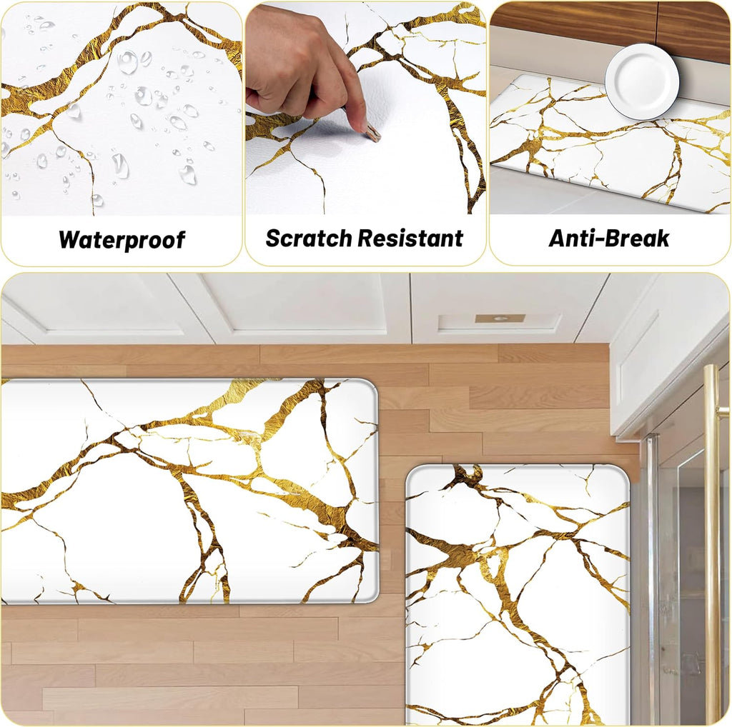 Gold White Kitchen Mats for Floor 2 Pcs 17.3"X28"+17.3"X47" | Modern Marble, Anti Fatigue, PVC Non Slip, Waterproof