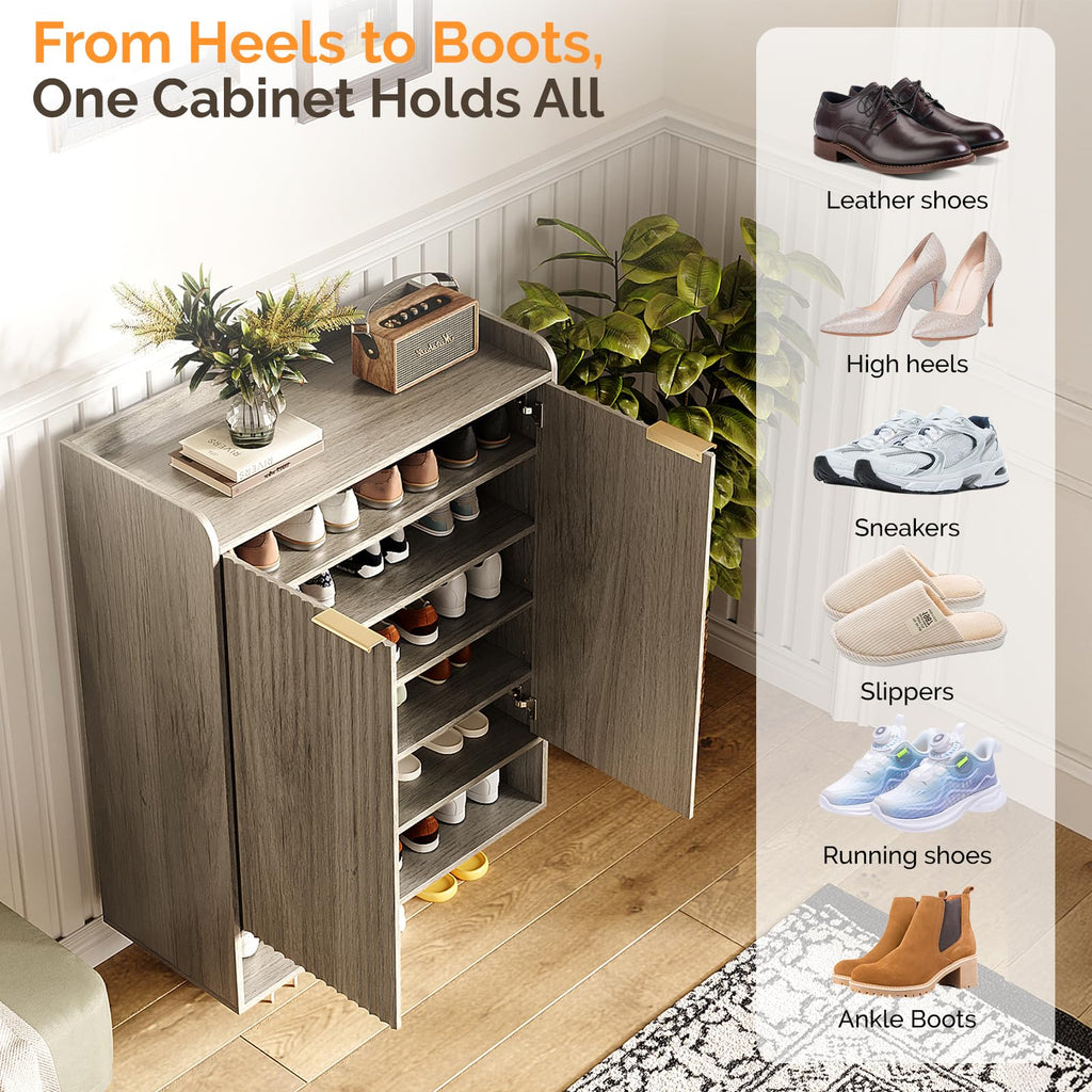 Shoe Cabinet with Fluted Doors, 6 Tier Large Wooden Entryway Shoe Storage Cabinet with Adjustable Shelves, 44.5" Tall
