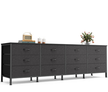 70 Inch Black Dresser, TV Stand for 65, 75, 80 Inch TV, 12 Fabric Drawer Long Dresser, Wide Chest of Drawer, Storage