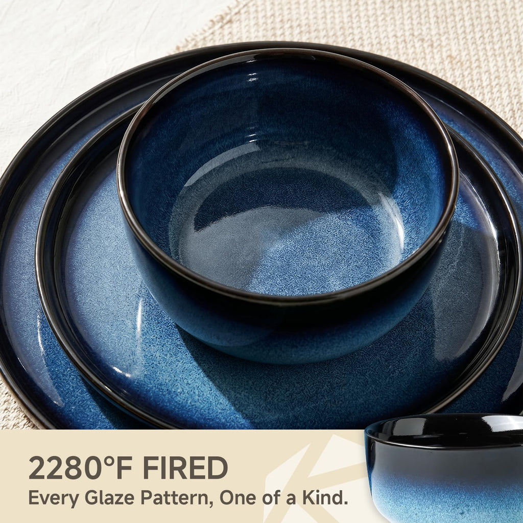 Stoneware Dinnerware Sets for 4, Reactive Glaze, Navy Blue