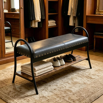 39.4" Shoe Bench with Shelf, Industrial Faux Leather Entryway Bench