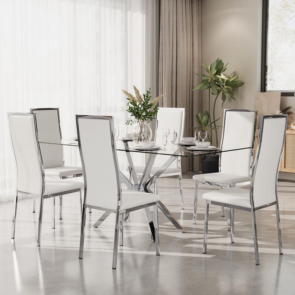 Modern Rectangular Glass Dining Table Set of 6, 47'' Minimalism Kitchen Table with 6 White Silver PU Leather High
