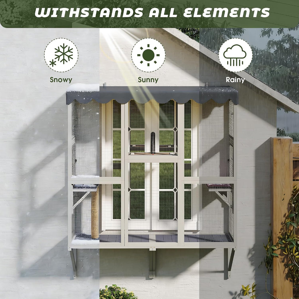 Window Cat Cage, 70.9" Tall Large Wooden Cat Enclosure with Multi-Level Perches, Escape-Proof Galvanized Mesh, Sturdy