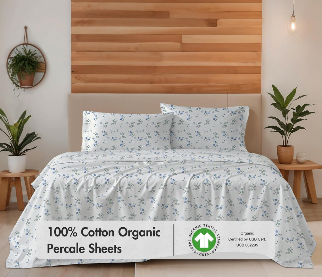 100% Cotton Organic Percale King Size Sheets Set, Butter Flight
