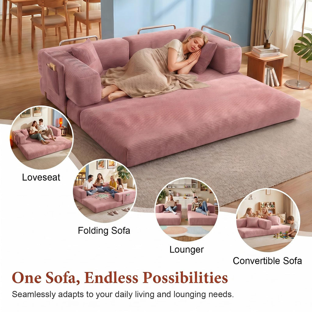 Convertible Futon Sofa Bed | 78.8" Corduroy Boneless Couch with Pull Out Sofa Bed, Comfy Futon Floor Couch with Side
