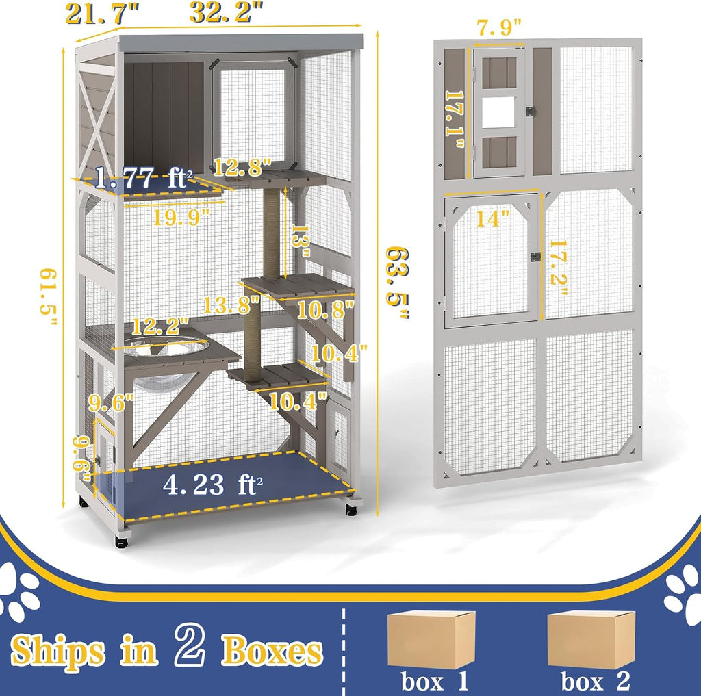63.5" H Window Catio Outdoor Cat Enclosure with Wheels, Expandable Design