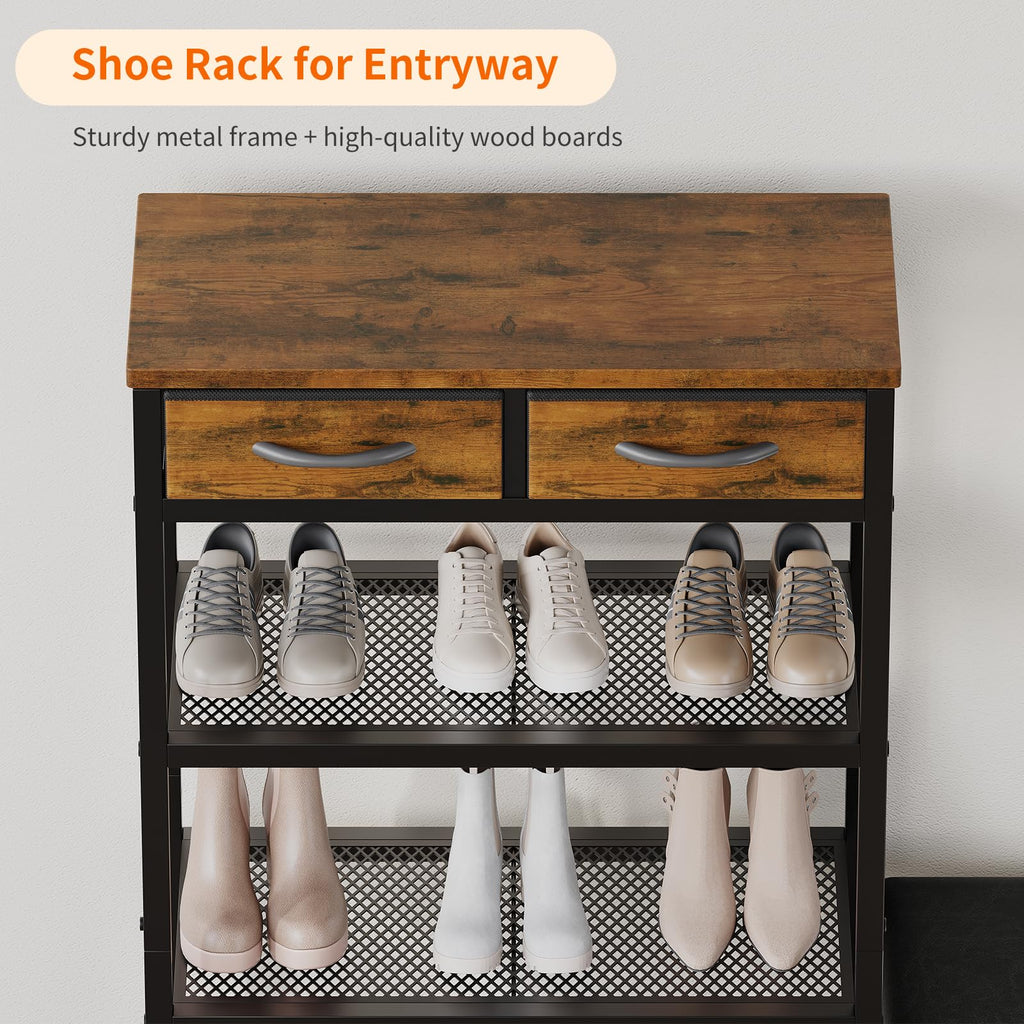 Shoe Rack Bench Shoe Rack, Cushioned Entryway Shoe Storage with 2 Drawers & 5-Tier Organizer, Metal Frame Wood Top