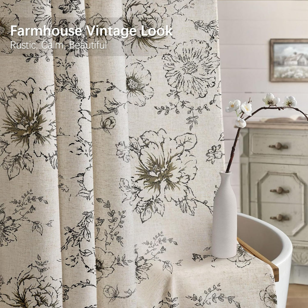 Farmhouse Floral Vintage Shower Curtain, Black Linen Pattern Shower Curtains , Tan Taupe,72x72