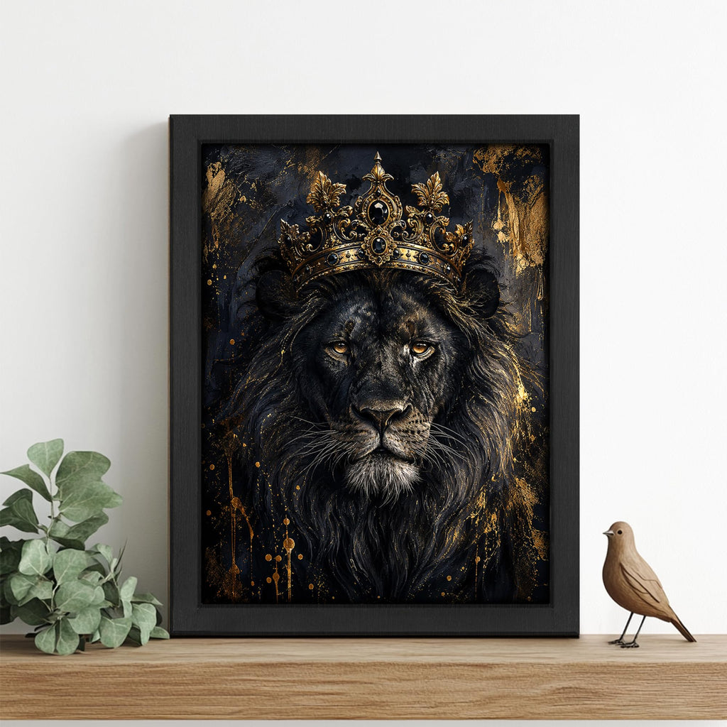 Crowned Lion Decor Wall Art, Black and Gold Animal Picture 16"x20"