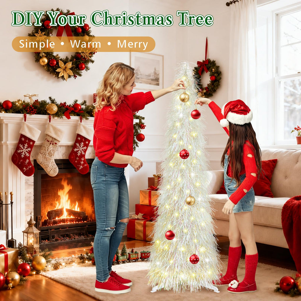 5 FT Shaggy Pop Up Christmas Tree with 50 Timer Lights, White Collapsible Artificial Tinsel Christmas Pencil Tree