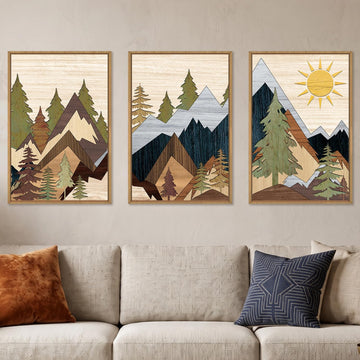 Ausri Boho Mountain Pine Tree Framed Canvas Wall Art Set -16"x24"x3