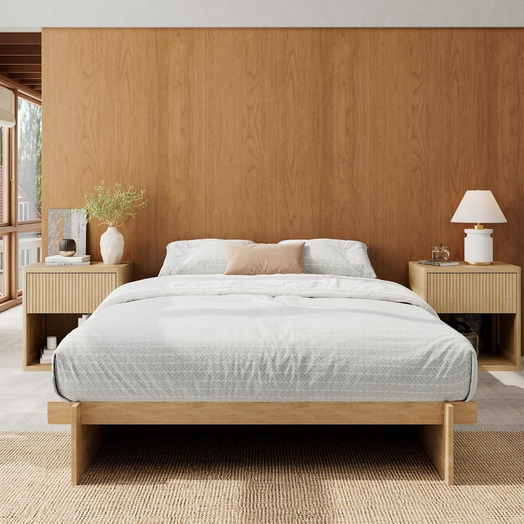 Japanese Platform Bed Frame with Wooden Slats, Easy Assembly