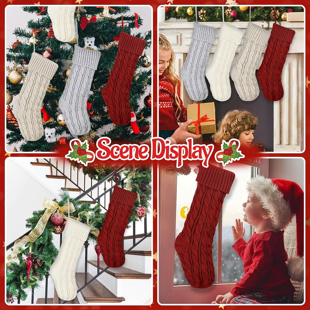 S - 4 Pack Cable Knit Family Christmas Stockings, Large Trdaitional Knitted Holiday Stockings, Tree Decor - Set of 4