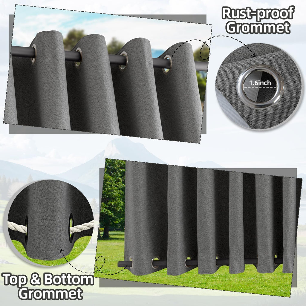 Waterproof Outdoor Curtains with Zipper 2 Panels Faux Linen Sun Blocking Blackout Privacy Patio Curtains Top & Bottom
