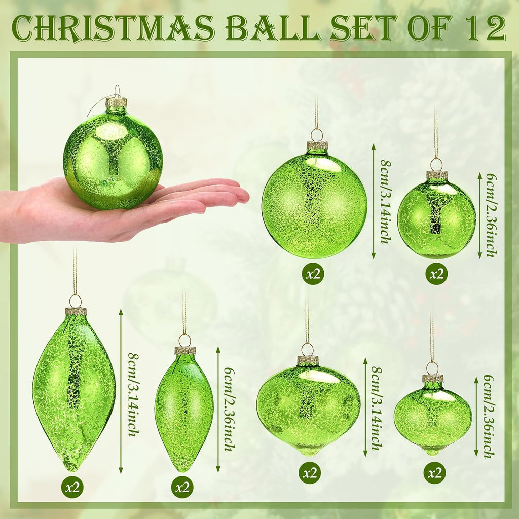 12 Pcs Lime Green Mercury Glass Christmas Ball Ornaments Vintage