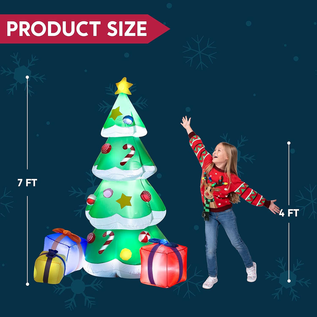 7FT Tall Christmas Inflatables Tree Outdoor Decoration, Giant Christmas Inflatable Tree with 3 Gift Boxes with