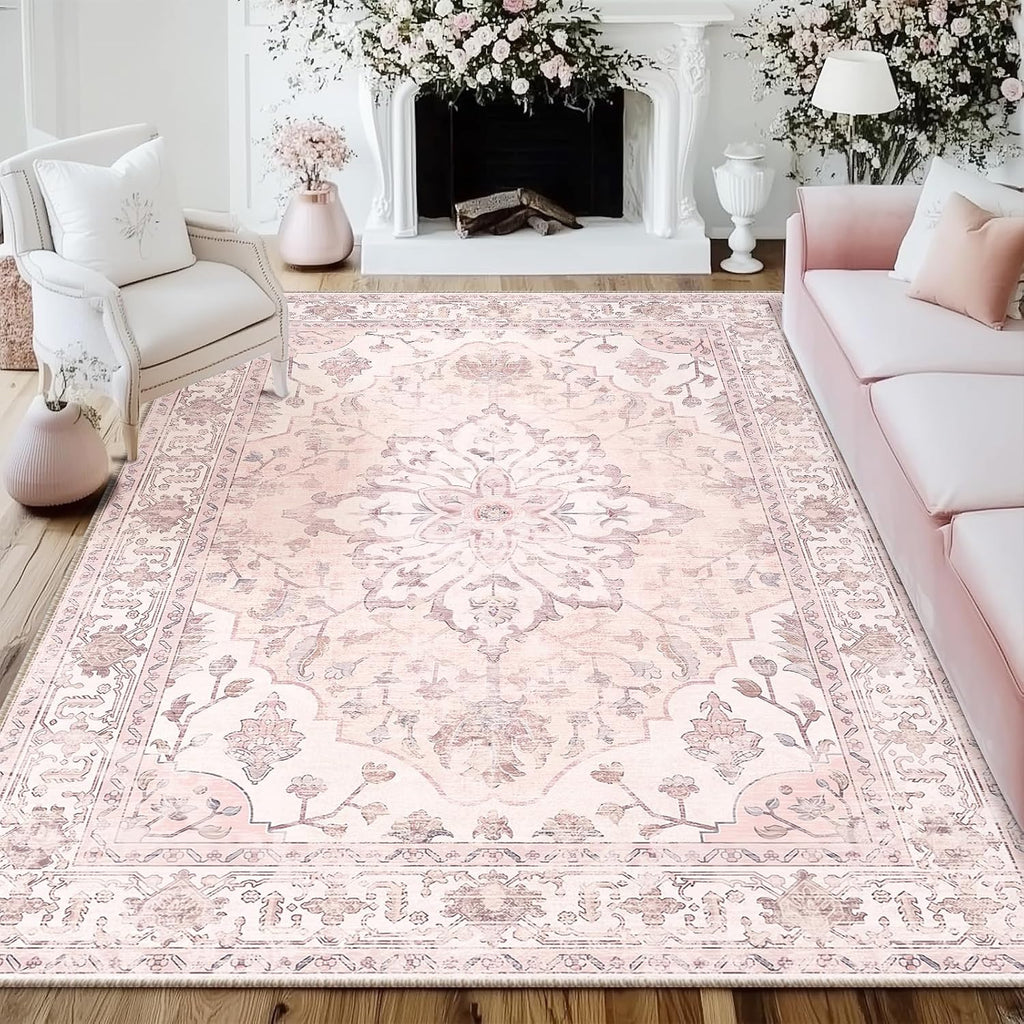 Area Rugs Washable Non-Slip, Floral Vintage Distress Print Pattern Medallion Carpet for Living Room Bedroom