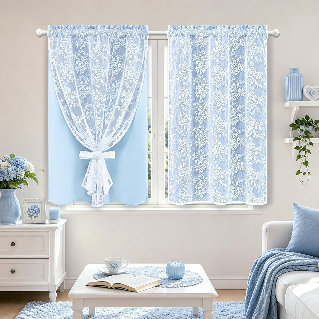 Blue Kitchen Curtains 36 Inch Length Double Layer Blackout Cafe Curtains with Floral Sheer Overlay Rod Pocket Short