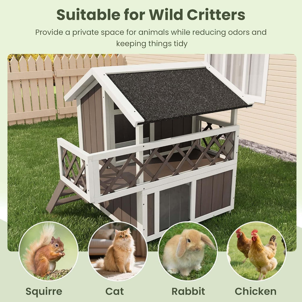 2-Story Outdoor Cat House with Balcony, Insulated & Weatherproof Wooden Feral Cat Shelter with Asphalt Roof