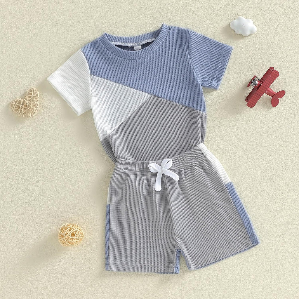 Toddler Baby Boy Summer Clothes Waffle Contrast Short Sleeve T-shirt Tops with Elastic Waist Shorts Sets Outfits
