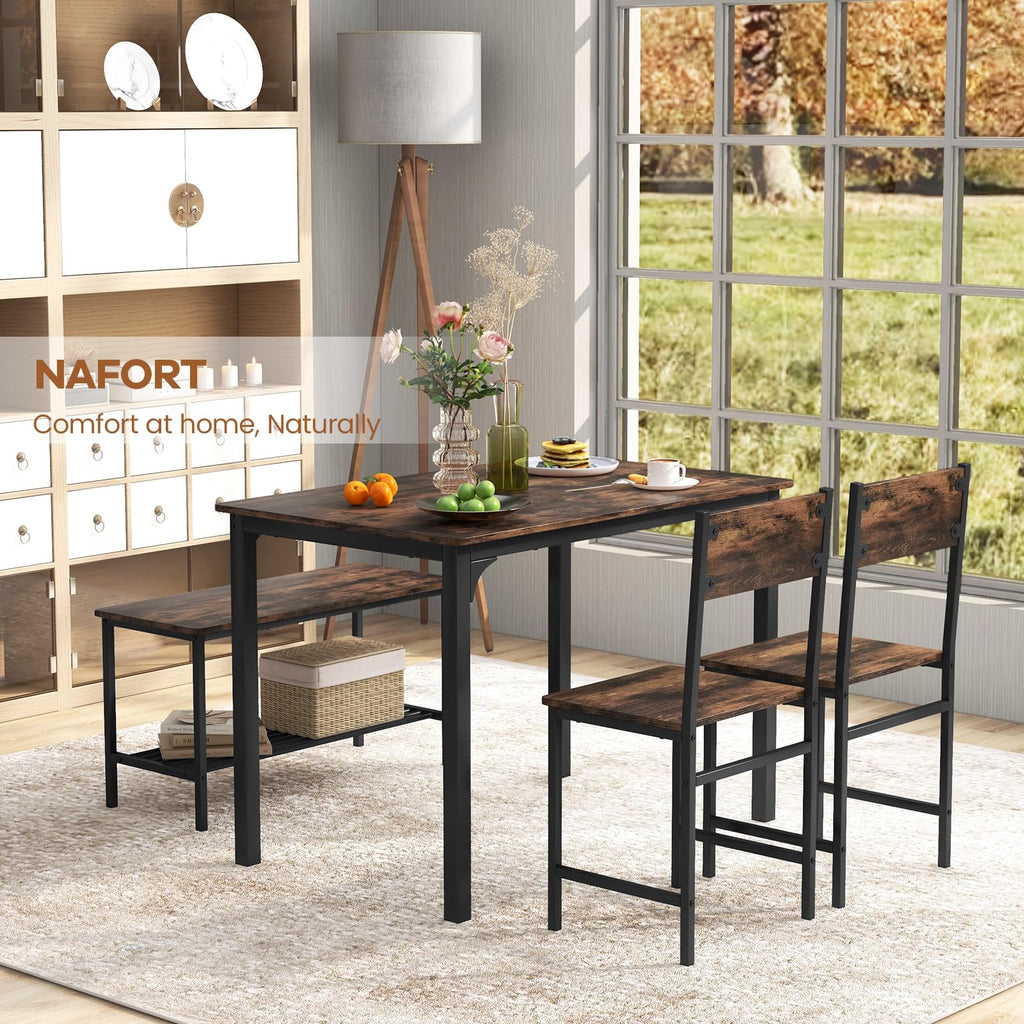 Small Dining Table Set for 4 with Bench, Industrial Kitchen Table and Chairs, Rustic Brown Wood & Black Metal 4-Piece