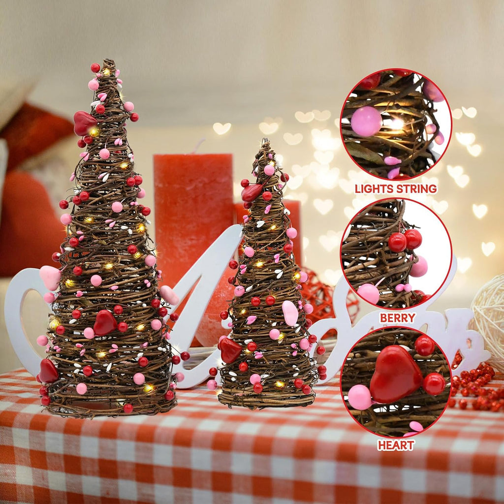 Valentines Day Rattan Table Tree Decor,Lighted Valentines Day Decorations - Set of 2