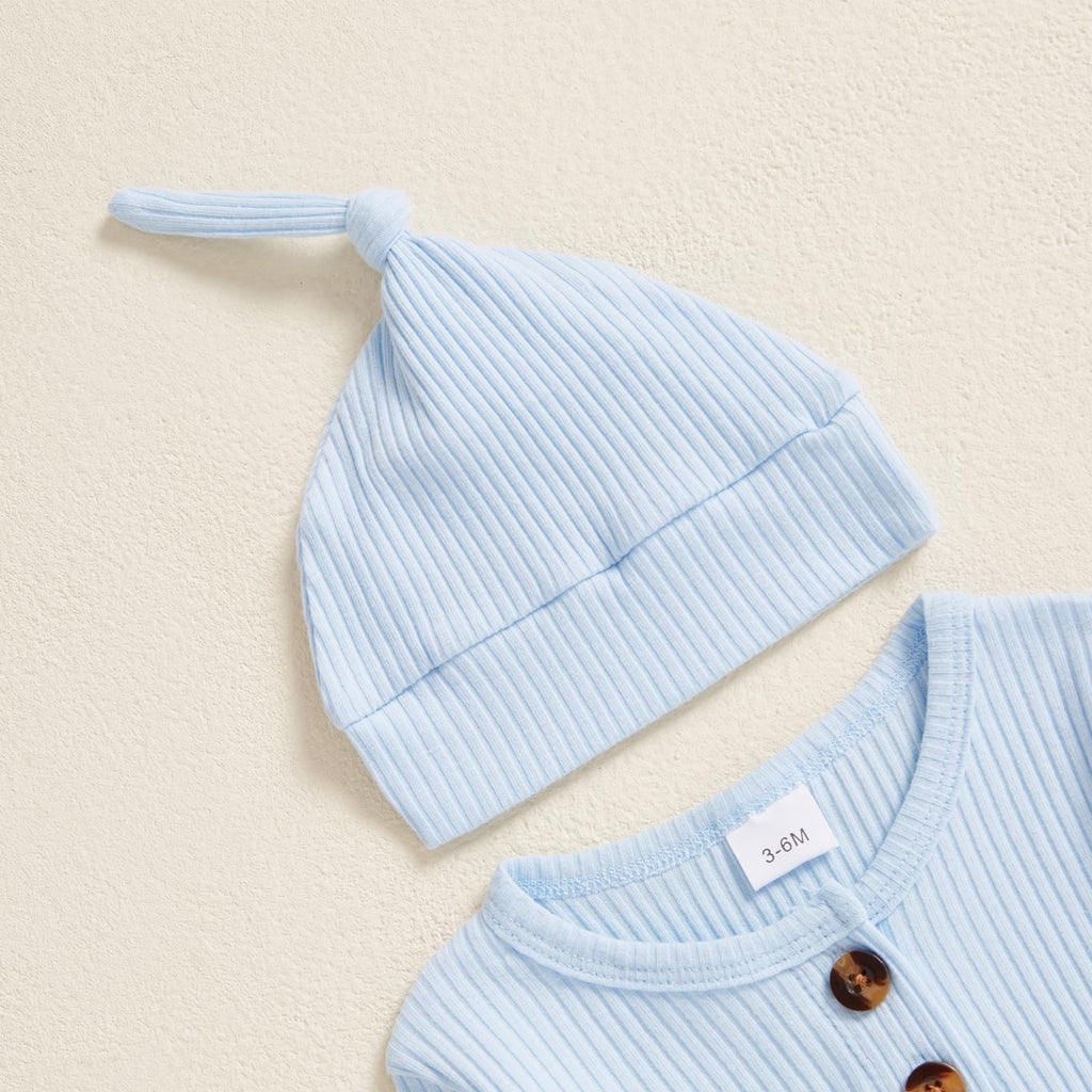 Infant Boys Girls Clothes Set Newborn Baby Romper Hat Ribbed Knit Long Sleeve Button Solid Bodysuit Jumpsuit (Sky