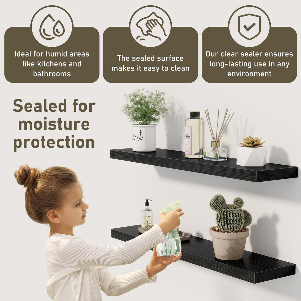 Black Floating Shelves 36 Inch Long, Rustic Farmhouse Bathroom Shelves Over Toliet, 36 x 8 Inch Floating Shelves for