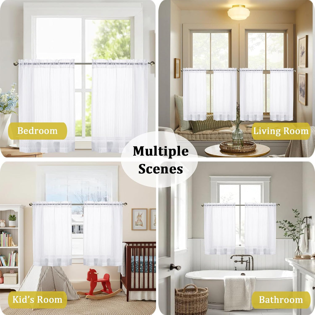 White Striped Kitchen Curtains - Short Semi Sheer Cafe Curtains Tier 36 Inch Length 2 Panels Set, Light Filtering