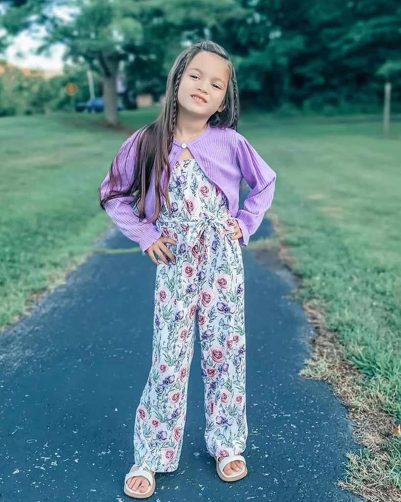 Toddler Little Girl 2 Piece Outfits Long Sleeve Ribbed Knitted Cardigan And Sleeveless Jumpsuit