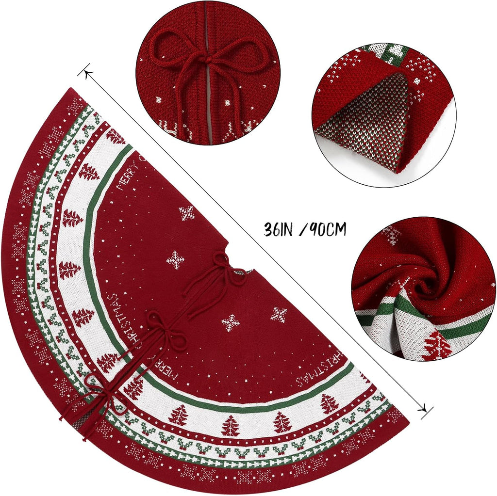 Christmas Tree Skirt 36Inches Red Knitted Tree Skirt Xmas Tree Mat