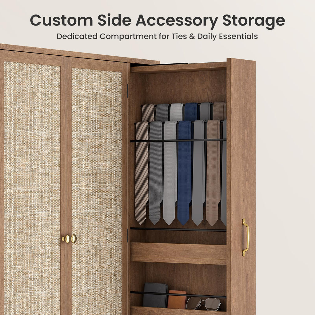 Rattan Wooden Armoire Wardrobe Closet with Pull-Out Side Storage