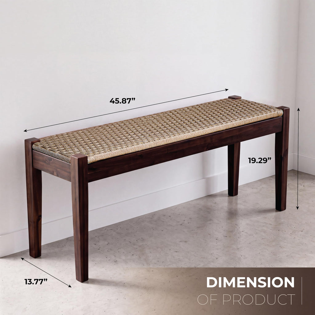 Vintage Entryway Bench with Woven Rope Seat, 46" Acacia Wood, Dark Brown