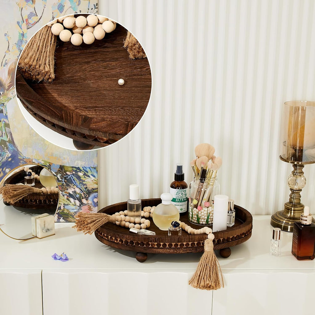 Wooden Decorative Tray for Table: 16×11.8in Wood Beaded Tray | Decor Tray for Coffee Table/Home/Living Room/Bathroom