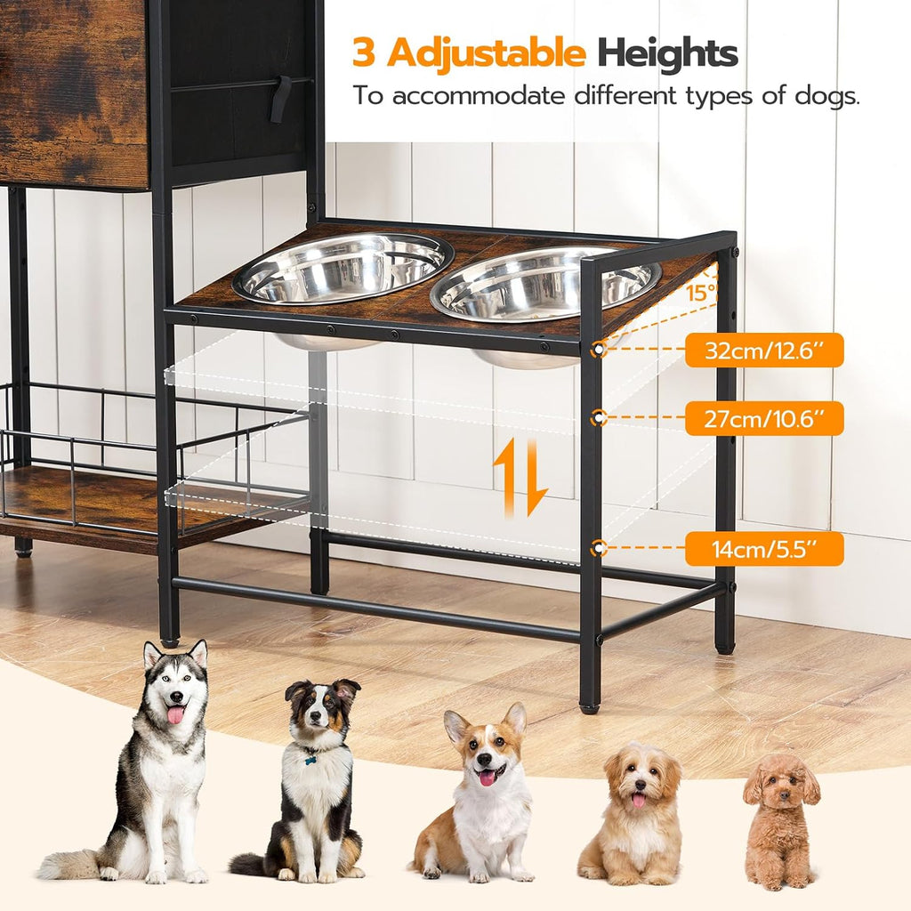 Elevated Dog Bowls Stand with Drawer, Height Adjustable Raised Feeding Station Cabinet with Storage Basket, 4-IN-1