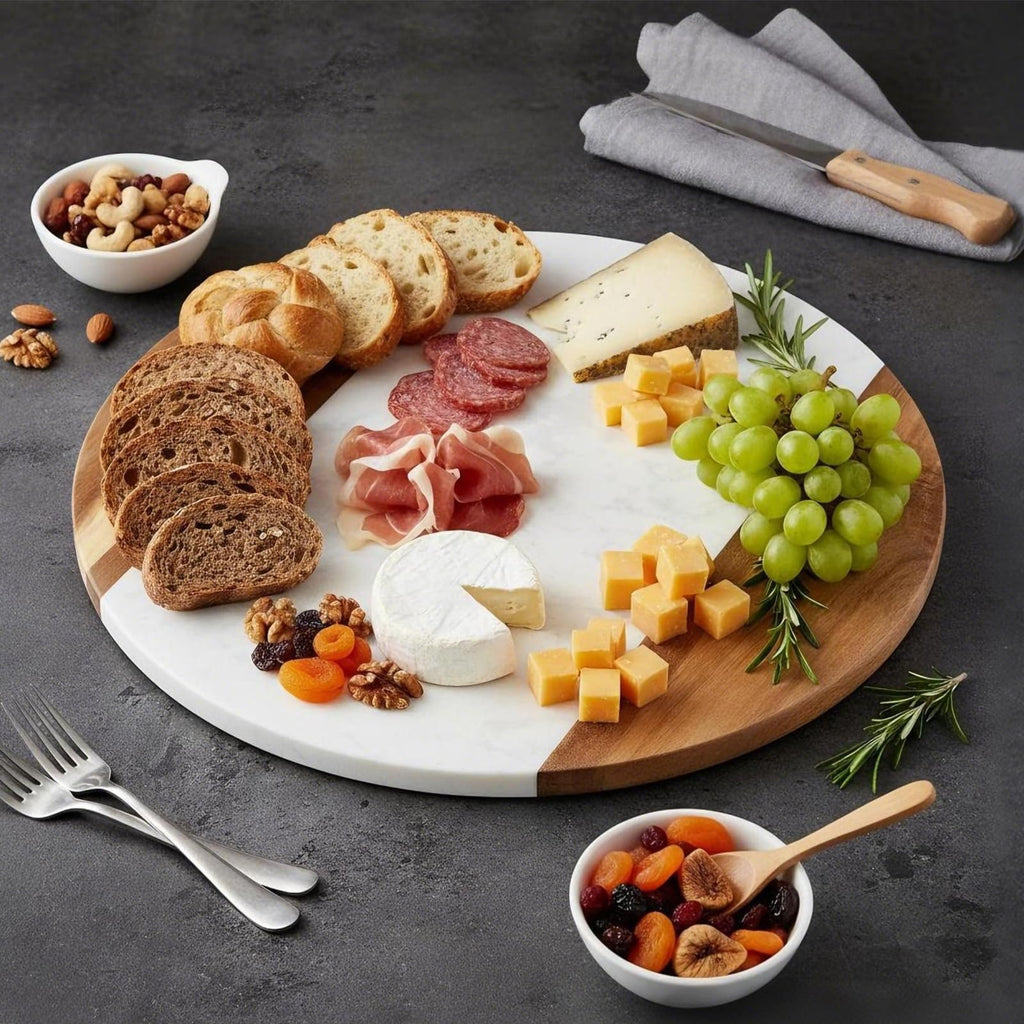 12" Marble Cheese Board and Acacia Wood Serving Board, Handcrafted Round Marble Tray Cutting Board for Cheese