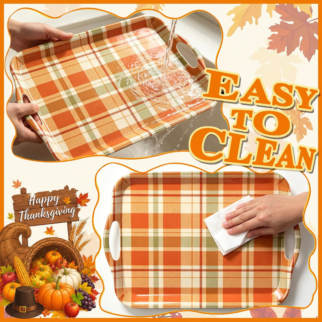 Serving Trays with Handles, Set of 2, 16 x 11.4 Inch Bamboo Fiber Rectangular Food Trays, Fall Plaid, Dishwasher Safe