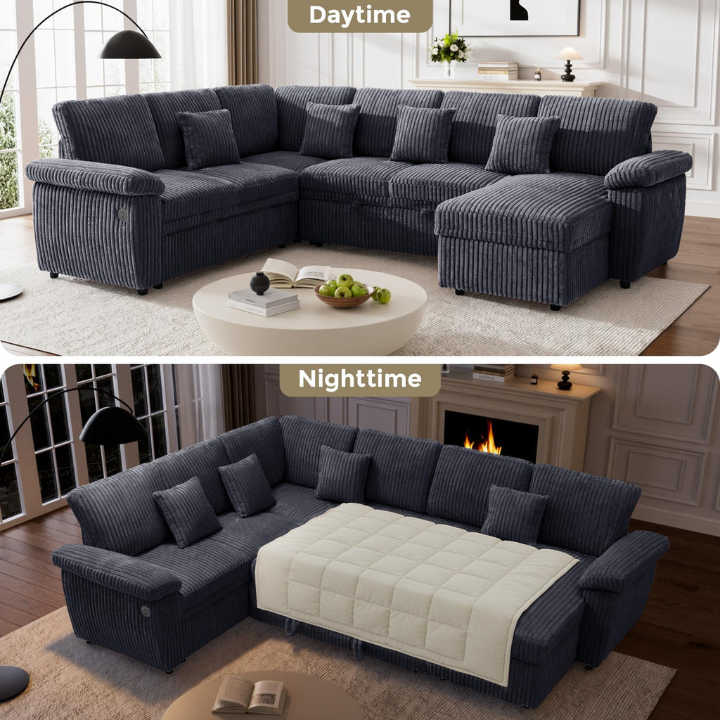 Sectional Sleeper Sofa, Fluffy Soft Corduroy Couch with Pull Out Bed and Storage Chaise, Modern Comfy U Shaped Couch