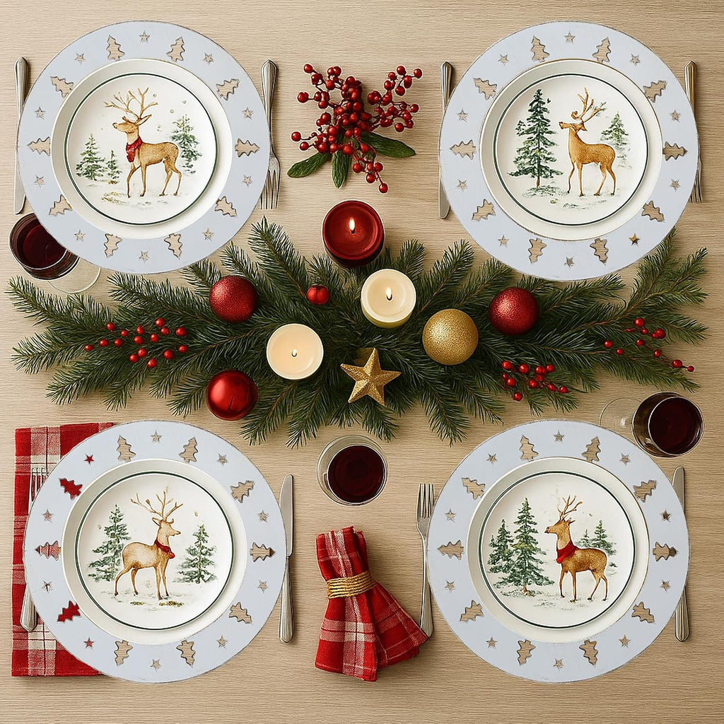 Christmas Tree White Charger Plates, 13 Inch Set of 6 Chargers for Dinner Plates, Parties, Holiday Table Setting, HB9W