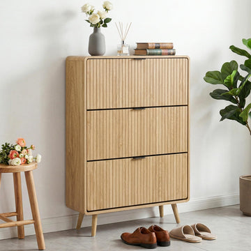 Fluted Shoe Storage Cabinet with 3 Flip Drawers, Narrow Shoe Rack Cabinet Organizer with Adjustable & Removable